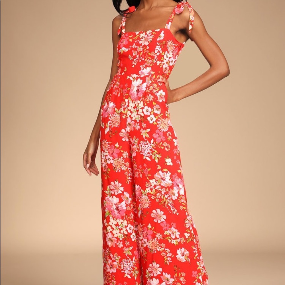 Red Floral Print Tie-Strap Jumpsuit